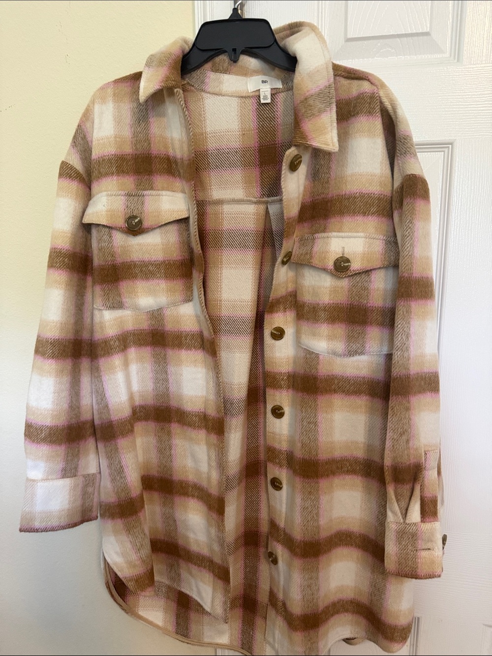 Nordstrom Plaid Teddy Shacket in Cream, Brown & Pink